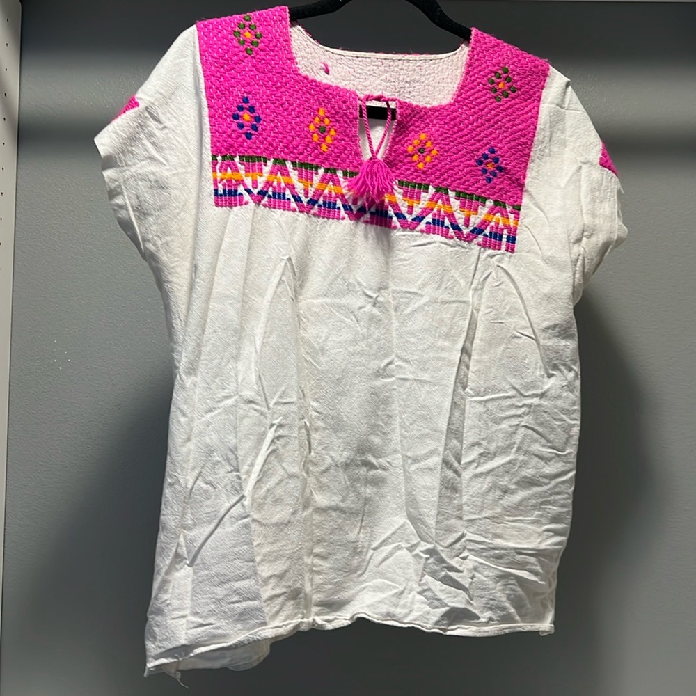 Women’s traditional Mexican dress top embroidered short sleeve white shirt sz lg